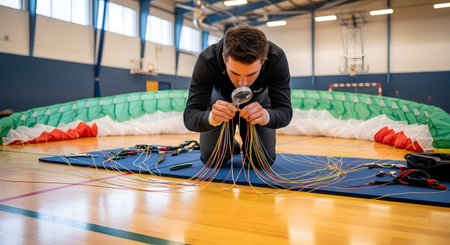 showing man examining paraglider lines with magnifying glass on gym floor.