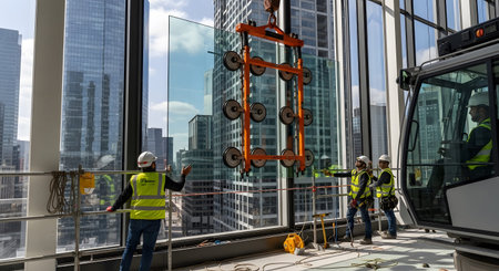 Men in safety vests operate a suction lifter to install a large glass panel on a modern skyscraper.