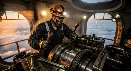 Grimy mechanic with headlamp works on complex machinery in a cabin above clouds during sunset.