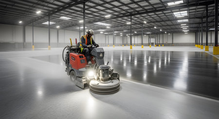 Polishing showing worker polishing large warehouse floor with ride-on grinding machine and dust...の写真素材