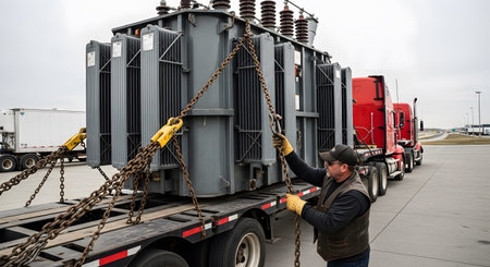 Worker showing worker attaching heavy chains to a large electrical transformer on a flatbed...