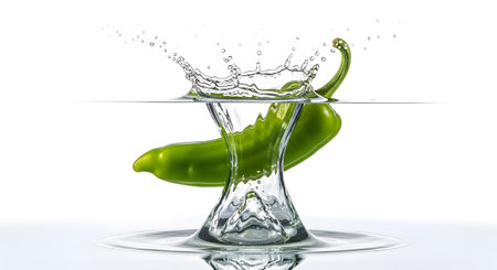 Splashing showing two green chili peppers splashing into clear water with a large splash on...の写真素材
