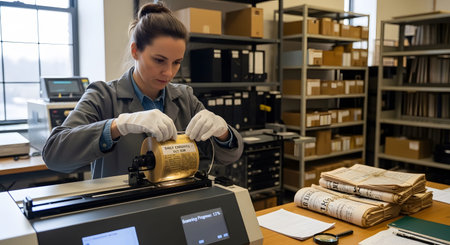 A woman wearing white gloves carefully operates a microfilm scanner on a roll of old newspapers...の写真素材
