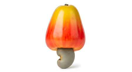 Vibrant showing vibrant red and yellow cashew fruit with kidney shaped nut isolated on white....の写真素材