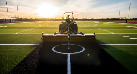 Stock showing tractor rolling a synthetic turf football field at sunset with bright golden...の写真素材