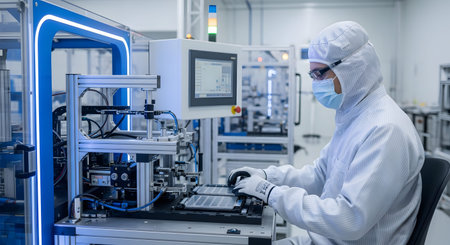 Manufacturing showing technician in cleanroom suit operating advanced automated manufacturing...