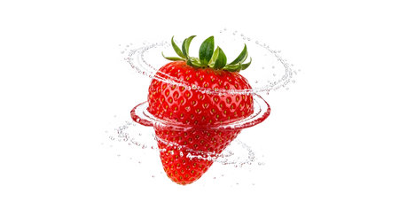 Two red strawberries are stacked vertically, encircled by swirling water droplets and...の写真素材