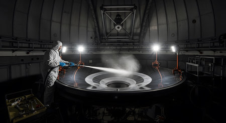 A technician in a white protective suit sprays a large telescope mirror inside a dark...