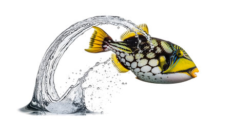 A yellow and black triggerfish jumps through a dynamic water splash on white....の写真素材
