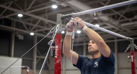 Industrial showing man in dark t-shirt adjusts gymnastics bar rigging with tools in industrial...