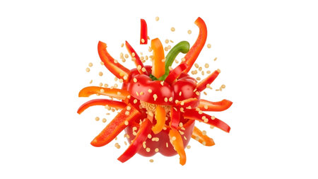 showing exploding red and orange bell pepper slices and seeds flying on white background....