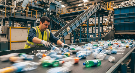 Sorting showing man sorting plastic bottles on a conveyor belt in a recycling facility with...の写真素材