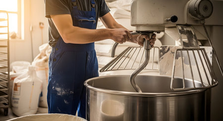(3205) showing close up of a baker in blue overalls adjusting a dough hook on an industrial...
