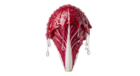 A single radicchio leaf, vibrant red and white, covered in glistening water droplets that drip...の写真素材