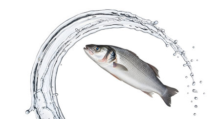 A whole sea bass fish is captured mid-air within a clear, arcing water splash against a white...の写真素材
