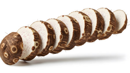 Taro showing sliced taro root vegetable with purple veins and brown skin on white background....の写真素材