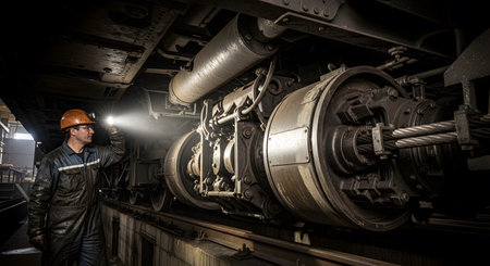 Wheels showing man in orange hard hat and overalls shines flashlight on train wheels and cables....