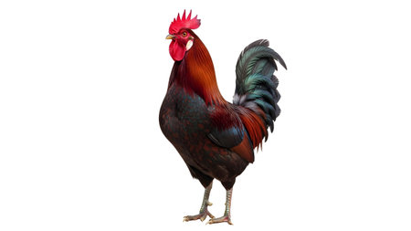 A colorful rooster with a bright red comb and iridescent feathers stands proudly on a white...
