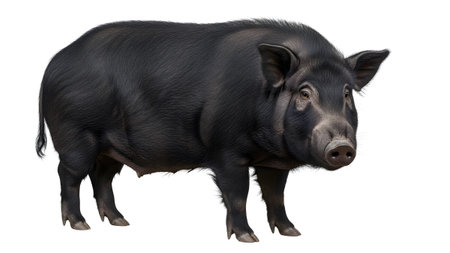 View showing a full body view of a black domestic pig standing on a white background with its...