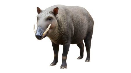 Fauna showing a babirusa pig with large tusks stands on a transparent background facing forward...