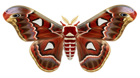 A large atlas moth with detailed reddish-brown and white wing patterns is displayed on a white...