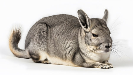 A small, fluffy grey chinchilla with prominent ears and long whiskers rests on a white surface.