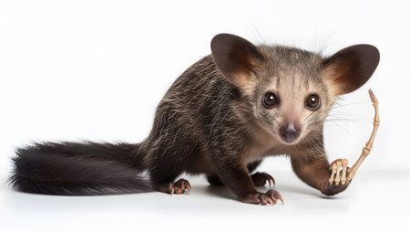 A curious aye-aye with prominent ears and a bushy tail holds a small skeletal finger, isolated...