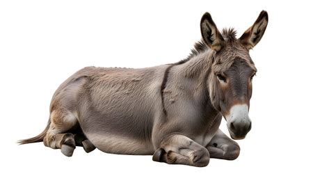 showing a grey donkey lying down on a white background in a studio setting with its head...