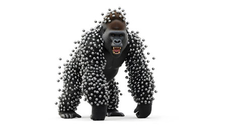 A gorilla sculpture composed of numerous small silver spheres stands on a white background,...