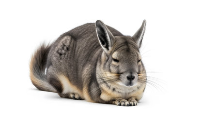 A viscacha rodent with large ears and grey brown fur is resting with its eyes closed on a white...