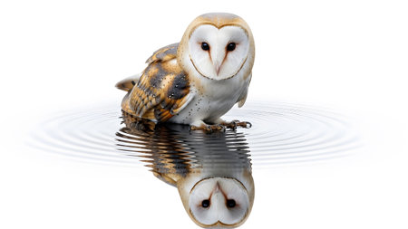 showing barn owl with striking facial disc and patterned feathers in water reflection....の写真素材