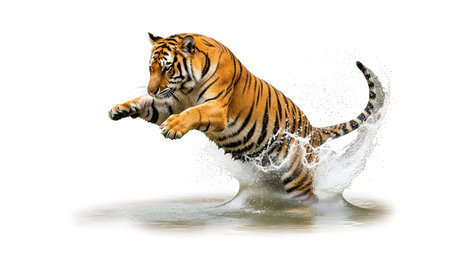 Bengal showing bengal tiger leaping out of water creating a large splash on a white background...