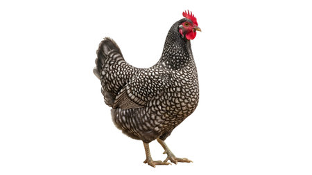 Stock showing barred plymouth rock chicken standing profile on white background. resolution...の写真素材