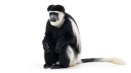 A black and white colobus monkey with a long white tail sits facing forward on a plain white...