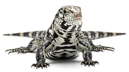 Black showing black and white tegu lizard with striking patterned scales on a white background....