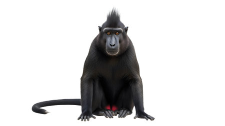 Macaque showing black crested macaque monkey sitting facing forward isolated...