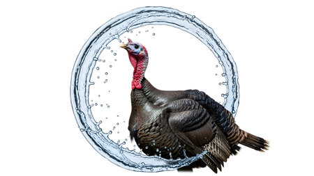 showing a wild turkey with iridescent dark feathers and a red wattle is framed by a...