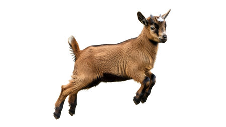 Wildlife showing a small brown baby goat with white markings jumps in the air on a white...