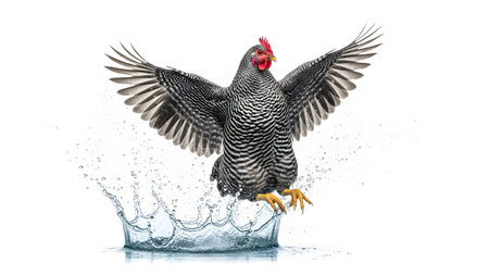 A barred rock hen spreads its striped wings while splashing through water, with droplets and...の写真素材