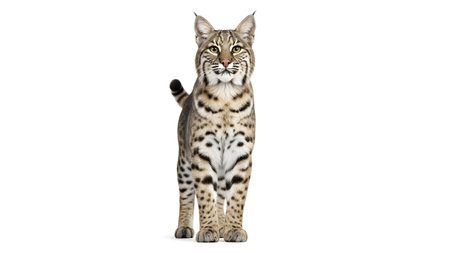 A bobcat with distinctive spotted and striped fur stands facing forward on a clean white background.