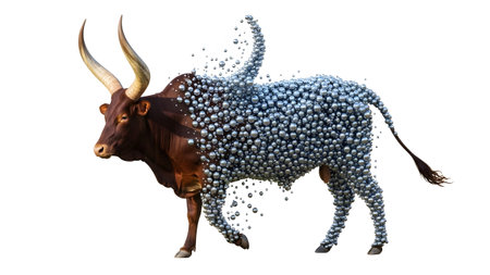 Stock showing ankole watusi bull dissolving into silver spheres on white background.