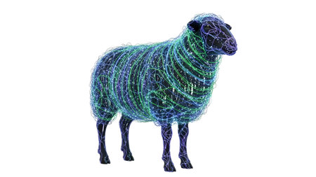 A black sheep entirely covered in a glowing network of intertwined blue and green neon wireframe...の写真素材