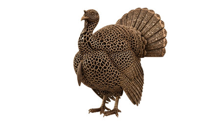A bronze turkey sculpture with a detailed hexagonal patterned body and fanned tail stands on a...