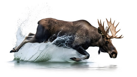 Running showing bull moose with large antlers running through water creating a powerful splash...