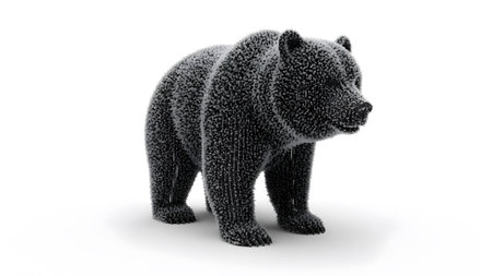 Stock showing brown bear sculpture made of numerous small dark particles on a white background....