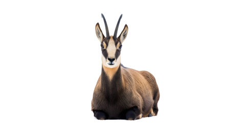 Brown showing chamois animal lying down facing forward on a white background with horns and...