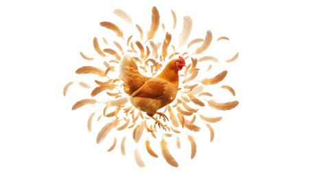 Exploding showing brown hen with golden feathers exploding outward on a white background.の写真素材