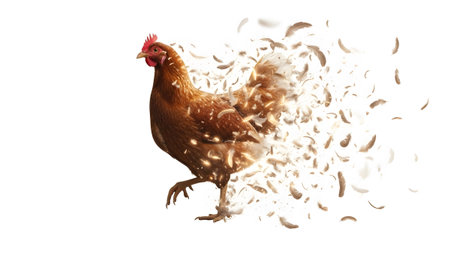 A brown hen is depicted dissolving into a cloud of scattered feathers against a white background.の写真素材