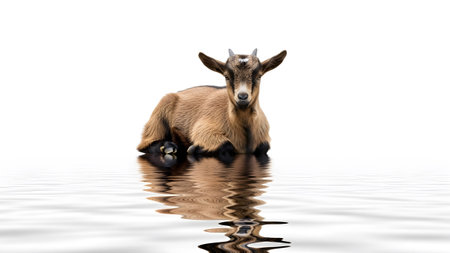 Rippling showing brown baby goat lying down on rippling water surface with white background and...