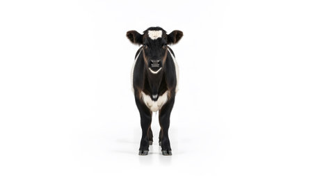 A young black and white calf with a distinctive heart shape on its forehead stands on a white...の写真素材